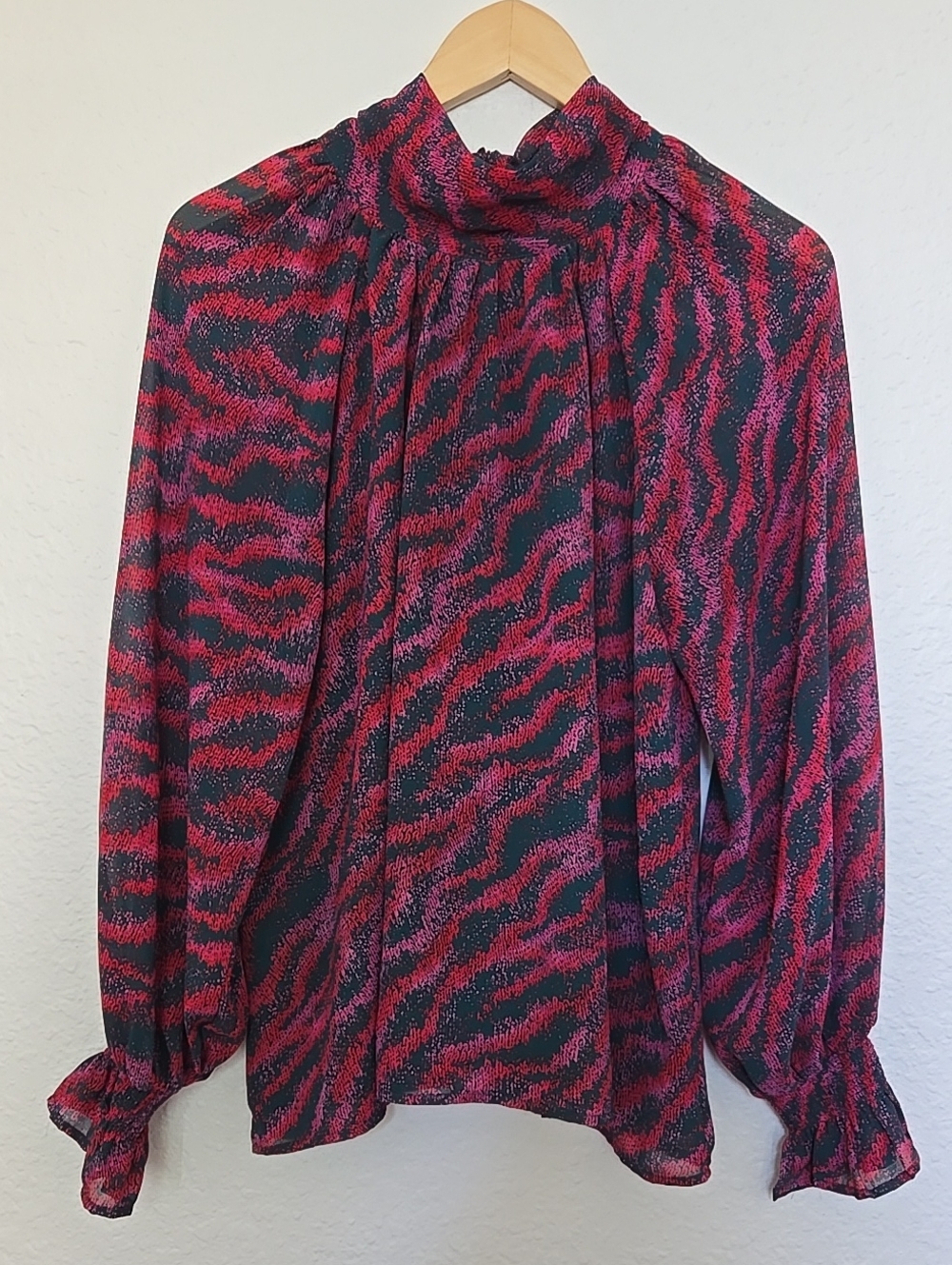 entro Pink and Black Abstract High-Neck Blouse With Semi Sheer Long Sleeves
